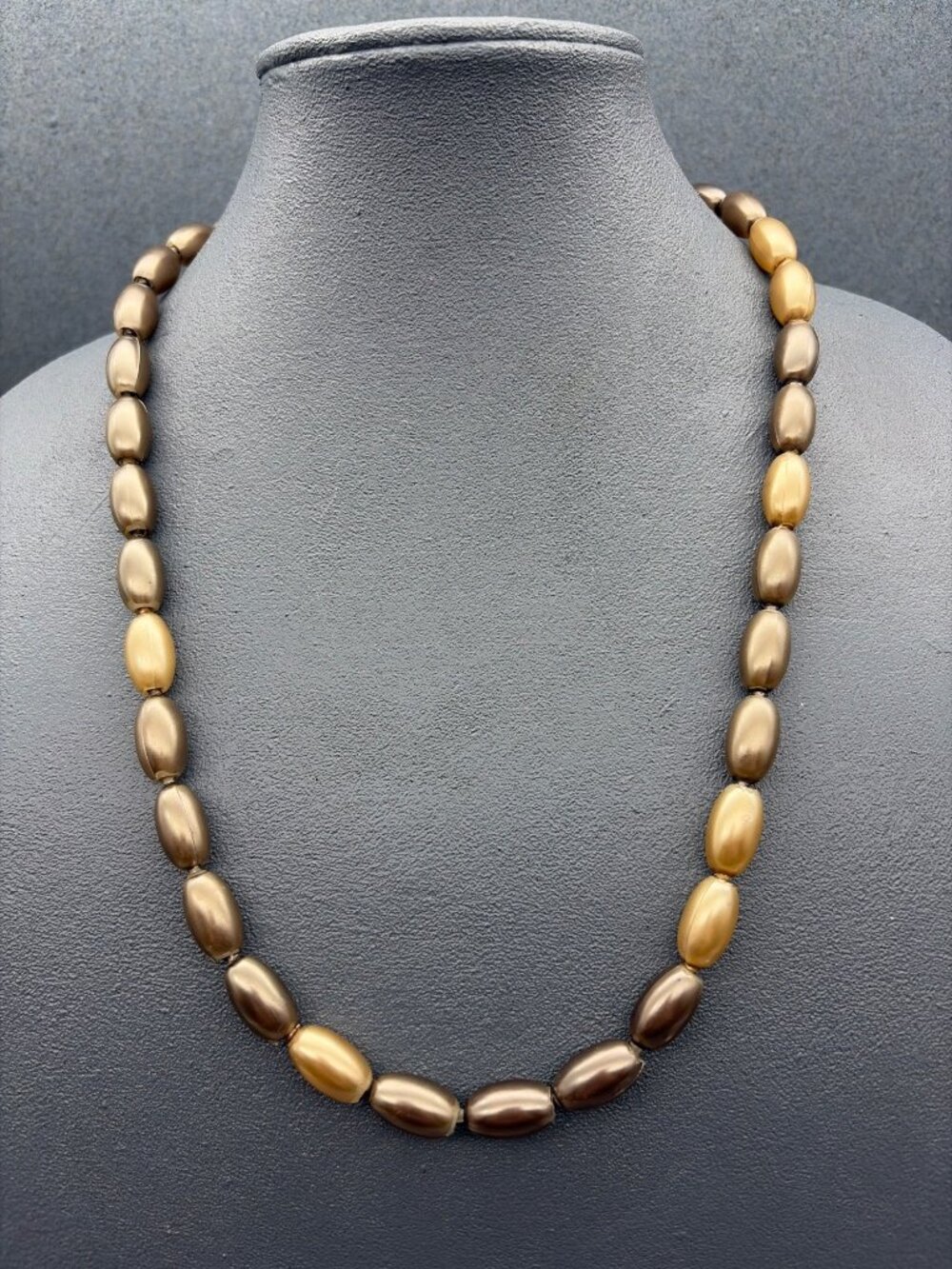 VTG Pop Bead Necklace 26 In Metallic Bronze Gold Oval Adjustable Retro Glam